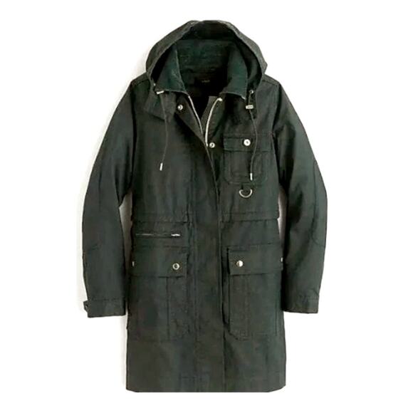 J Crew XS Waxed Cotton Long Military Field Coat Hooded Barn Jacket Army Green - Picture 1 of 13